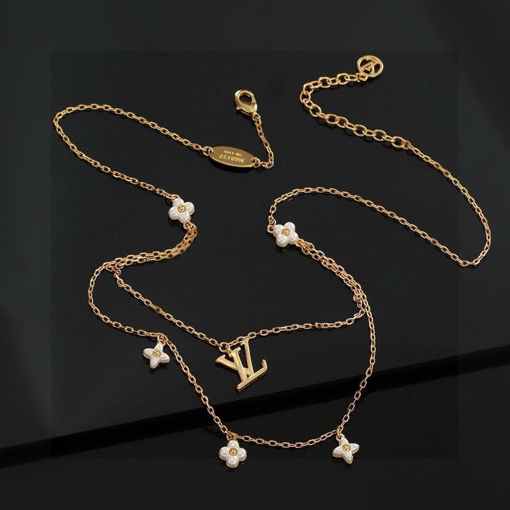 Louis Vuitton Double Layered Gold Chain Necklace with Pearl Charms